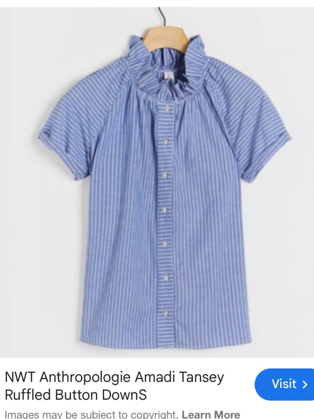 Anthropologie Light Blue Striped Ruffle Collar Button-Front Top